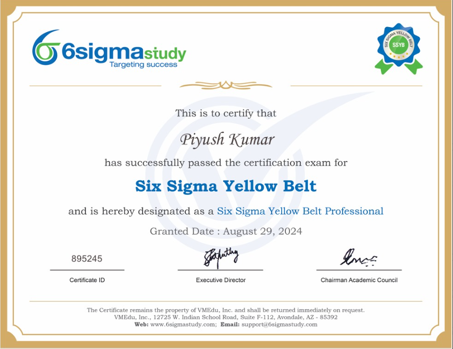 Six Sigma Yellow Belt certificate for Piyush Kumar